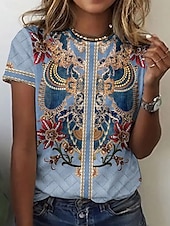 billige Boho t-skjorte-Dame T skjorte Grafisk Årgang Elegant Årgang Mote Kortermet Rund hals Vanlige topper Daglig Ut på byen Helg Trykt mønster Dusty Blue Sommer