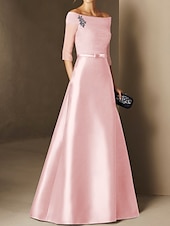 abordables BLEU-Robe de soirée A-Line élégante robe de fiançailles formelle soirée longueur sol manches demi épaule dénudée invité de mariage en chiffon avec fronces