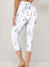  Women's Leggings Capri Pants High Elasticity Fashion Streetwear Full Length High Waist Floral Printing Thermal Warm Breathable Soft  Outdoor Daily White Summer Spring Fall Regular Fit