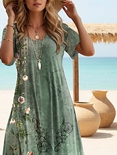 levne Boho šaty-Dámské maxi šaty T tričko šaty Tee šaty Sundress Shift šaty Letní šaty Bohemia Dovolená Party Dovolená Pravidelný střih Vintage Bohemian Krátký rukáv Kruhový výstřih Šedozelené Léto Jaro
