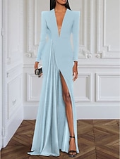 preiswerte SCHWARZ-A-Linie Abendkleid elegantes schwarzes Champagnerkleid Smokingkleid Plus-Size-Kleid formelles Sweep-/Pinselzug langes Kleid mit langen Ärmeln V-Ausschnitt dehnbares Stoff mit Falten Schlitz