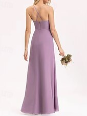baratos Vestidos para Madrinhas-Vestido de Dama de Honra A-Line V Decote  Alças de Espaguete Sem Mangas Elegante Comprimento Longo Chiffon  Spandex  Shantung com Draping  Ruching  Bandagem