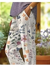 ieftine pantaloni cu picior drept-Pantaloni din bumbac și in pentru femei pantaloni baggy asemănători cu in modă stradală lungime completă talie înaltă imprimeu floral grafic termic cald respirabil moale micro-elastic exterior zilnic