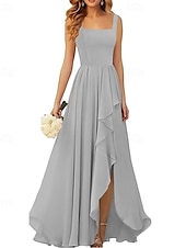baratos Vestidos para Madrinhas-Linha A Vestido de Madrinha Correias / Decote Quadrado Sem Manga Elegante Longo Chiffon / Elastano com Pregas / Fru-Fru / Pregueado 2022