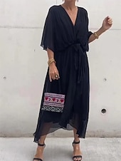 preiswerte Lässiges schwarzes Kleid-Damen Midikleid schwarzes kleid Casual kleid A Linie Kleid Basic Brautkleider schlicht Urlaub Täglich Regular Fit Glatt 3/4 Ärmel V Ausschnitt Schwarz Weiß Rote Orange Sommer Frühling