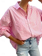 cheap Work Tops-Women&#039;s Shirt Blouse Striped Elegant Daily Stylish Long Sleeve Shirt Collar Regular Tops Daily Holiday Going out Buttons Pocket Yellow Pink Green Spring Fall