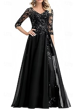 cheap Floor Length-A-Line Mother of the Bride Dress Wedding Guest Elegant V Neck Floor Length Chiffon 3/4 Length Sleeve with Beading Appliques