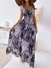 abordables Robes de vacances-Femme Robe Maxi Robe casual mode Décontractées Vacances Casual du quotidien Standard Graphic Sans Manches Col V Noir Blanche Bleu Vert Eté Printemps
