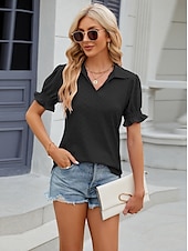 cheap Lace Tops-Women&#039;s Boho T-shirt Plain Bohemia Cute Stylish Short Sleeve Puff Sleeve V Neck Shirt Collar Regular Tops Daily Going out Weekend Ruffle Eyelet Sage Green Black White Pink Wine Summer