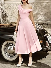 abordables Robes de cocktail-Robe de plage A-Line Robes cocktail Élégante Robe Invité de mariage Longueur thé Sans manches Col chauve-souris Tissu extensible avec volants Robes