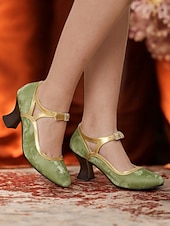 voordelige Mary Jane Pumps-Groene en gouden vintage Mary Jane-hakken voor dames uit de jaren 30 met gesp met strass-steentjes, comfortabele middelhoge hak, perfect voor formele evenementen en retro-themafeesten