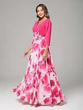 abordables Longueur du plancher-Robe Mère de la Mariée A-Line Robe Élégante Col V Longueur Du Sol En Chiffon Manche 3/4 avec Fleur Robe Derby Robe de Course Invité de Mariage 2025