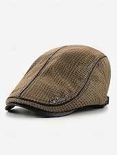 preiswerte Herrenhüte-Stylische schwarze Newsboy-Kappe für Herren mit Lederbesatz, atmungsaktivem Stoff, verstellbare Passform – lässiger Vintage-Flachhut für den Alltag und Outdoor-Aktivitäten