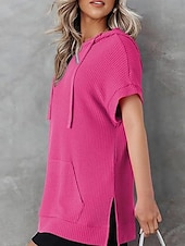 cheap T shirt Dresses-Women&#039;s Mini Dress Hoodie Dress Casual Dress Basic Casual Vacation Daily Regular Fit Plain Half Sleeve Hooded Black White Blue Fuchsia Summer