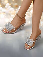 economico Sandali con tacco-tacchi trasparenti con perline di cristallo dorate per donna – sandali trasparenti con accenti decorativi dorati, perfetti per cocktail party