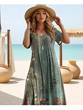 abordables Robes Boho-Robe maxi femme Robe décontractée Robe décontractée Quotidienne Ajustement ample Géométrique Manches courtes Col ras du cou Sauge Vert Été