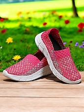 お買い得  レディーススニーカー-女性用スリッポンスニーカー - 通気性のある織りデザインと快適なソールで、春夏のカジュアルなお出かけに最適です。