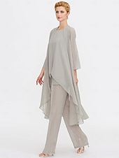 tanie Garnitury dla mamy-Kombinezon  Spodnium 3 Częściowe Teściowej Ślubne Gościń Elegancka Plus Size Zawiera Bateau Długość do Podłogi Chiffon Bez Rękawów Kurtka z Jednolitym Kolorem