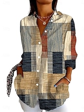 economico Top a Righe e Geometrici per Donne-Camicia da donna grafica a quadri stilosa retrò vintage maniche 3/4 colletto top regolari giornaliera vacanze uscire bottoni khaki estate primavera
