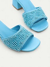 cheap Vacation Sandals-Women&#039;s Light Blue Pearl-Embellished Block Heel Mules – Elegant Open-Toe Slip-On Sandals for Summer Parties &amp; Evening Wear