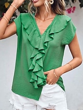 preiswerte Damen Einfache Oberteile-Damen Hemd Bluse Feste Farbe Elegant Täglich Stilvoll Kurzarm Fledermaus Ärmel V Ausschnitt Normale Oberteile Arbeit Täglich Abendgesellschaft Knopf Orange Grün Beige Sommer Frühling