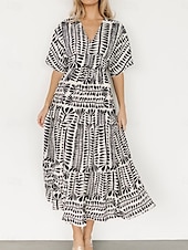olcso Alkalmi virágos ruhák-Női Midi ruha hétköznapi ruha Boho elegáns ruhák Boho ruha Csehország Szüret Stílusos Vakáció Hétköznapi Napi Normál Csík Rövid ujjú V-alakú Fekete Világoszöld Világoskék Nyár Tavasz