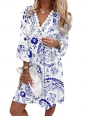economico Abiti da vacanza-Per donna Mini abito Abito casual Abito linea A Moda Informale Da mare Giornaliero Standard Floreale Manica a 3/4 A V Bianco Blu reale Blu Verde Estate
