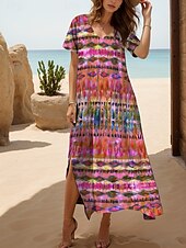 olcso Művészet és Design Ruha-NŐI MAXI RUHA LAZA RUHA NAPKÖNTÖS A vonalú RUHA BOHEMIA ÜDÜLÉS STÍLUSOS ÜDÜLÉS NAPI SZOKÁSY ILLESZKEDÉS Ombre Geometrikus Tye Dye RÖVID UJJÚ V Nyakú Piros Tavasz Ősz