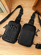 billige Herrevesker-svart krokodillepreget crossbody-veske i skinn for menn – kompakt slengveske med justerbar stropp for daglig bruk