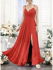 baratos Vestidos para Madrinhas-Linha A Vestido de Madrinha Decote V / Com Alças Finas Sem Manga Elegante Longo Chiffon com Pregas / Fenda Frontal / Franzido 2022