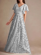 abordables Longueur du plancher-Robe de mère de la mariée trapèze élégante vintage simple col en V longueur au sol en mousseline de soie à volants manches courtes avec dentelle florale paillettes 2025