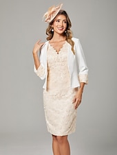 abordables Avec veste-Deux Pièces Fourreau / Colonne Robe de Mère de Mariée  Elégant Col V Mi-long Mousseline de soie Dentelle Manche Courte Robes de veste courtes avec Appliques Bloc de Couleur 2025