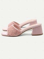cheap Vacation Sandals-Women&#039;s Light Blue Pearl-Embellished Block Heel Mules – Elegant Open-Toe Slip-On Sandals for Summer Parties &amp; Evening Wear