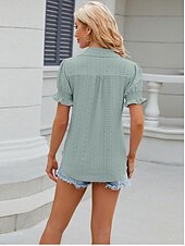 cheap Lace Tops-Women&#039;s Boho T-shirt Plain Bohemia Cute Stylish Short Sleeve Puff Sleeve V Neck Shirt Collar Regular Tops Daily Going out Weekend Ruffle Eyelet Sage Green Black White Pink Wine Summer