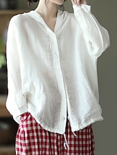 cheap Shirts-Women&#039;s Shirt Cotton Linen Shirts Button Up Blouse Solid Color Basic Casual Long Sleeve Hooded Regular Tops Daily Buttons White Red Blue Beige Summer