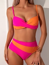 billiga Bikiniset-Dam Badkläder Bikini 2 st Kalsonger Baddräkt Öppen rygg Smal Semester Standkläder Färgblock V-hals Ärmlös Baddräkter