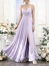 baratos Vestidos para Madrinhas-Linha A Vestido de Madrinha Decote V / Com Alças Finas Sem Manga Elegante Longo Chiffon com Pregas / Fenda Frontal / Franzido 2022