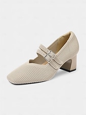 cheap Block Heels-Breathable Fly-knit Mary Jane Pumps with Double Buckle Detail and Chunky Heel, Elegant Style for Women, Ideal for Work, Events and Formal Occasions