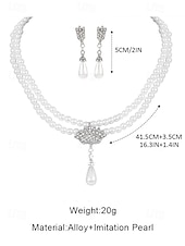 abordables Collar de mujer-Elegante conjunto de joyas nupciales de perlas: collar de doble capa y aretes colgantes con detalles de diamantes de imitación, accesorios de boda vintage para mujeres, joyas formales para fiestas y veladas
