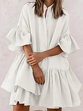 preiswerte Blumenkleider-Damen Minikleid Casual kleid Chiffon-Kleid Elegant Kuschelig Stilvoll Ausgestellter Ärmel Urlaub Täglich Lockere Passform Glatt Kurzarm Ständer Schwarz Weiß Rosa Sommer Frühling