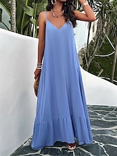 preiswerte Einfaches Kleid-Damen Maxi Kleid Strandkleid Slip Kleid Urlaub Strandurlaub Unifarben Lässig Täglich Lockere Passform Grafik Ärmellos Träger Schwarz Rot Himmelblau Grün Sommer