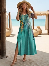 abordables Robe Fleurie-Robe Maxi Femme Robe T Shirt Robe Tee Robe d&#039;Été Robe Shift Élégante Vacances Vintage Fête Vacances Fête Ajustement Régulier Florale Vintage Manches Courtes Col Ras du Cou Bleu Paon