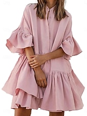 preiswerte Blumenkleider-Damen Minikleid Casual kleid Chiffon-Kleid Elegant Kuschelig Stilvoll Ausgestellter Ärmel Urlaub Täglich Lockere Passform Glatt Kurzarm Ständer Schwarz Weiß Rosa Sommer Frühling
