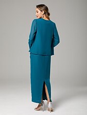abordables Avec veste-Deux Pièces Fourreau / Colonne Robe de Mère de Mariée  Elégant Encolure dégagée Longueur Sol Mousseline de soie manche longue Echarpe incluse avec Couleur Pleine 2025