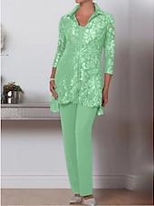 cheap Mom&#039;s Pant Suits-Jumpsuit / Pantsuit 3 Piece Mother of the Bride  Formal Wedding Guest Elegant Plus Size V Neck Ankle Length Chiffon Lace 3/4 Length Sleeve Wrap Included with Sequin Crystal Brooch 2025