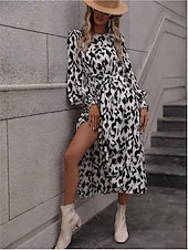 olcso Művészet és Design Ruha-Női Midi ruha A vonalú ruha Puff ujjú ruha Elegáns Szabadság Stílusos Puffos Vakáció Hétköznapi Napi Normál Grafika Hosszú ujj Terített nyak Fehér Rubin Barna Nyár