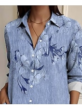 abordables Tops Florales-Camisa de Mujer Floral Elegante Vintage Diario de Manga Larga Cuello Regular Tops Regulares Trabajo Diario Tipo Lino Botones Imprimir Azul Verano Primavera