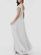 baratos Vestidos para Madrinhas-Linha A Vestido de Madrinha Scoop pescoço Manga Curta Elegante Longo Chiffon / Elastano com Fru-Fru / Pregueado / Fenda Frontal 2022