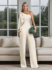 abordables Combinaisons pour maman-Combinaison  Pantalon de maman de la mariée Invitée de mariage élégante simple minimaliste épaule unique longueur de sol polyester sans manches avec nœud(s) volants couleur unie