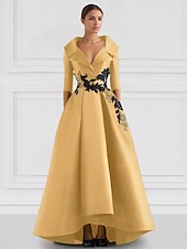 preiswerte SCHWARZ-Schwarzes A-Linie Abendkleid Vintage Gesticktes Elegantes Kleid Smokingkleid Formal Bodenlang Langarm V-Ausschnitt Tasche Satin mit Perlenapplikationen